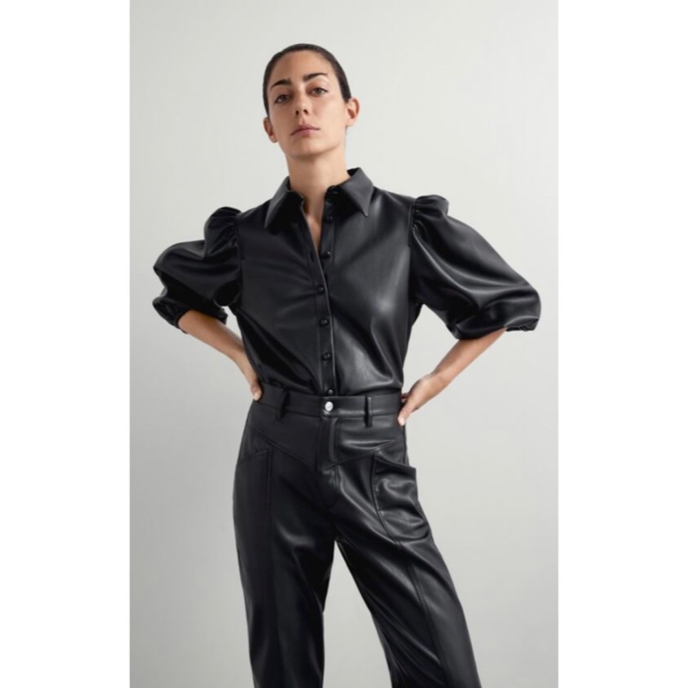 Zara Black Puff Sleeve Button Front Faux Leather Shirt